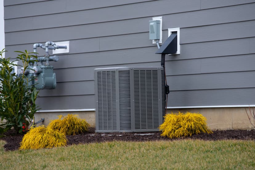 An exterior air conditioning unit is pictured next to the house electrical meter, surrounded by yellow shrubs.